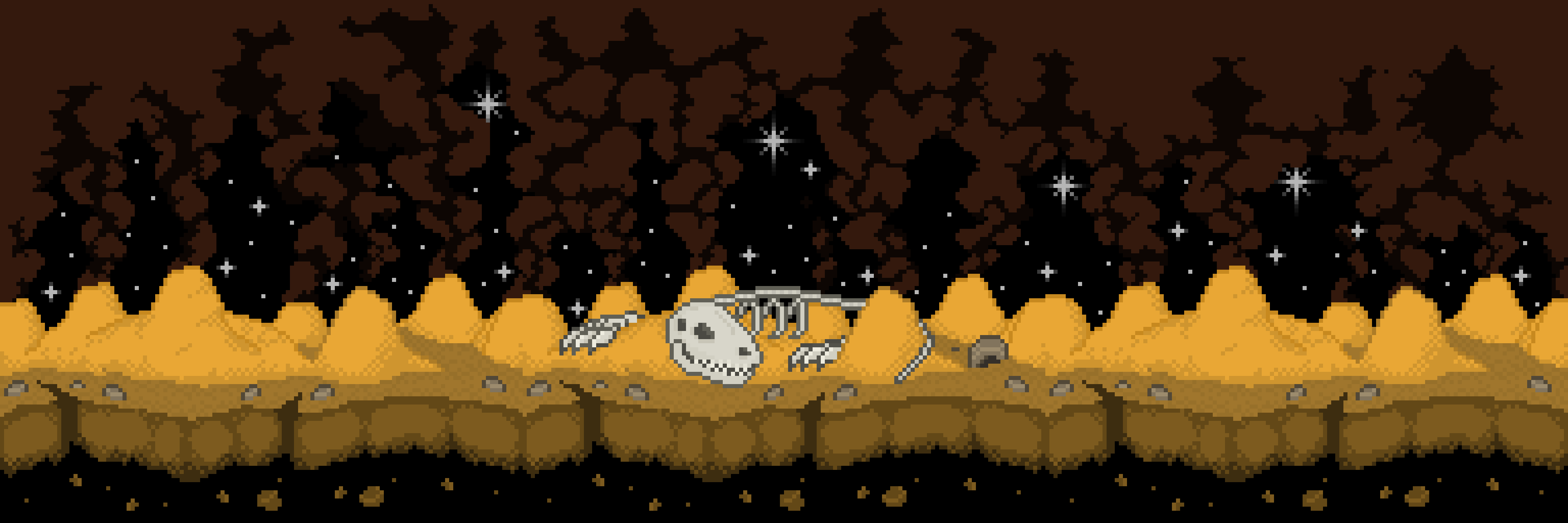 Volcanoes & mountains floating in the void with giant skeletal dianosaur